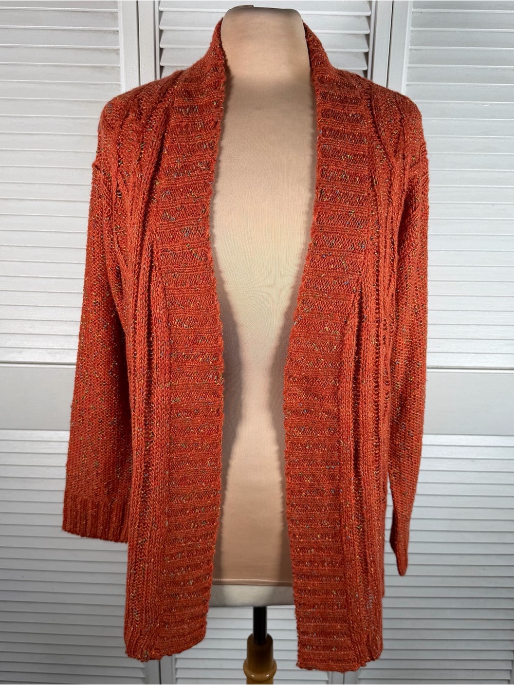 Coco + Claire Knit Cardigan L Orange Textured Boho Open Front Cozy